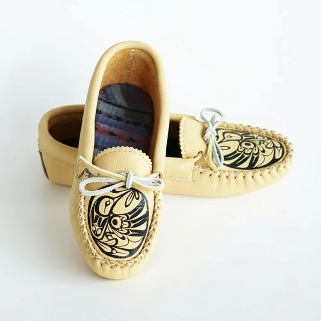 Pair of beige moccasins with black tribal patterns on a white background