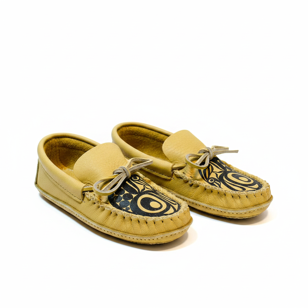Mens Natural Moosehide Spirit Moccasins With The Frog Vamp And Double Padded Ski Sole