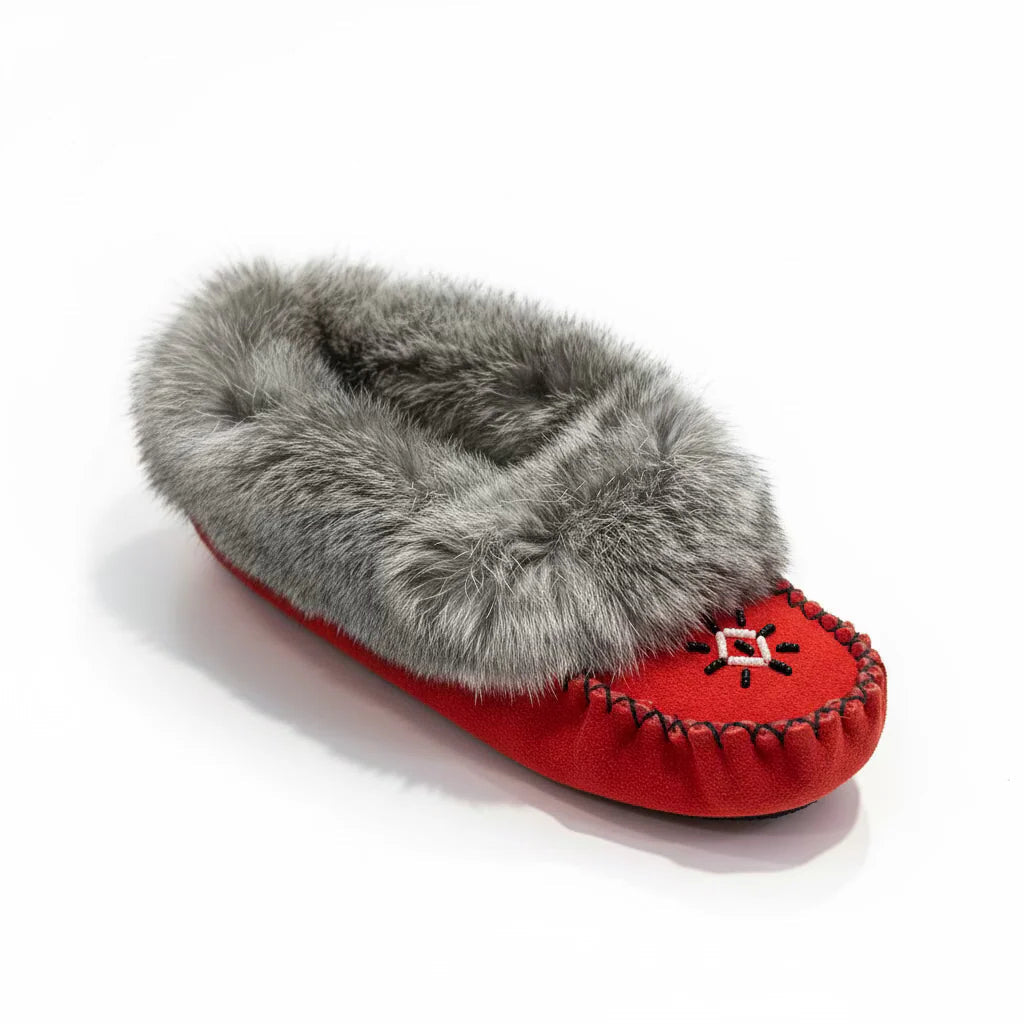 Red slipper with gray fur on a white background