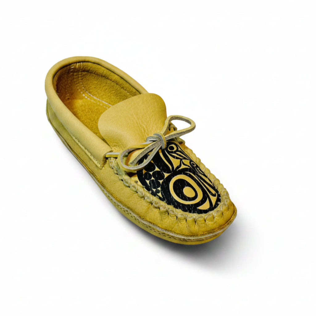 Mens Natural Moosehide Spirit Moccasins With The Frog Vamp And Double Padded Ski Sole