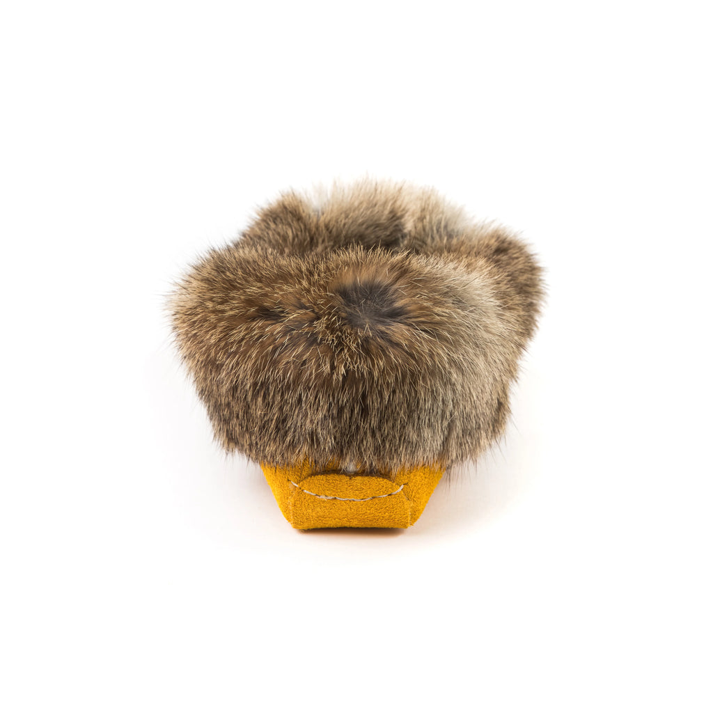 Women's Indian Tan Suede Spirit Moccasins With Brown Rabbit Fur Collar And Suede Sole
