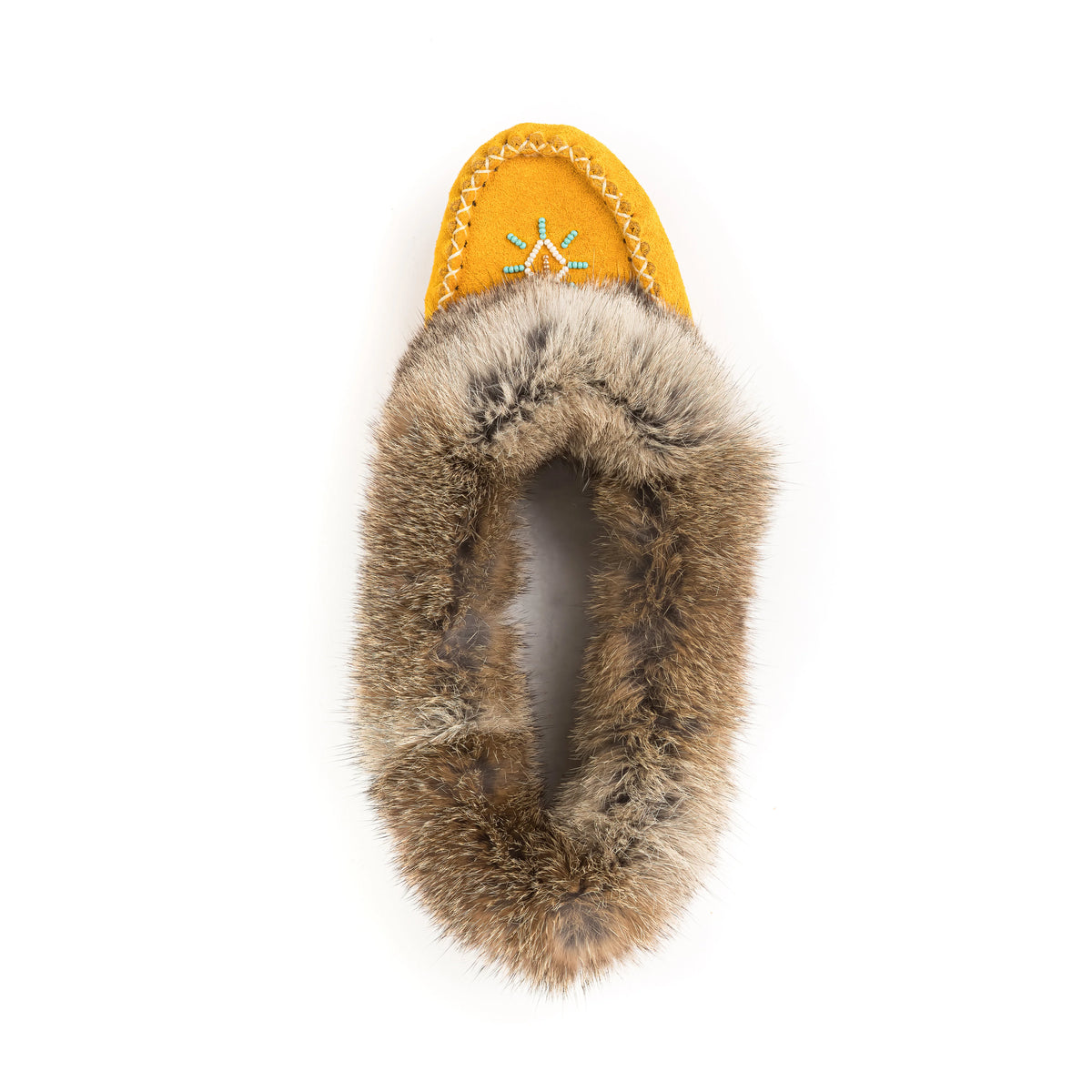 Women's Indian Tan Suede Spirit Moccasins With Brown Rabbit Fur Collar And Suede Sole