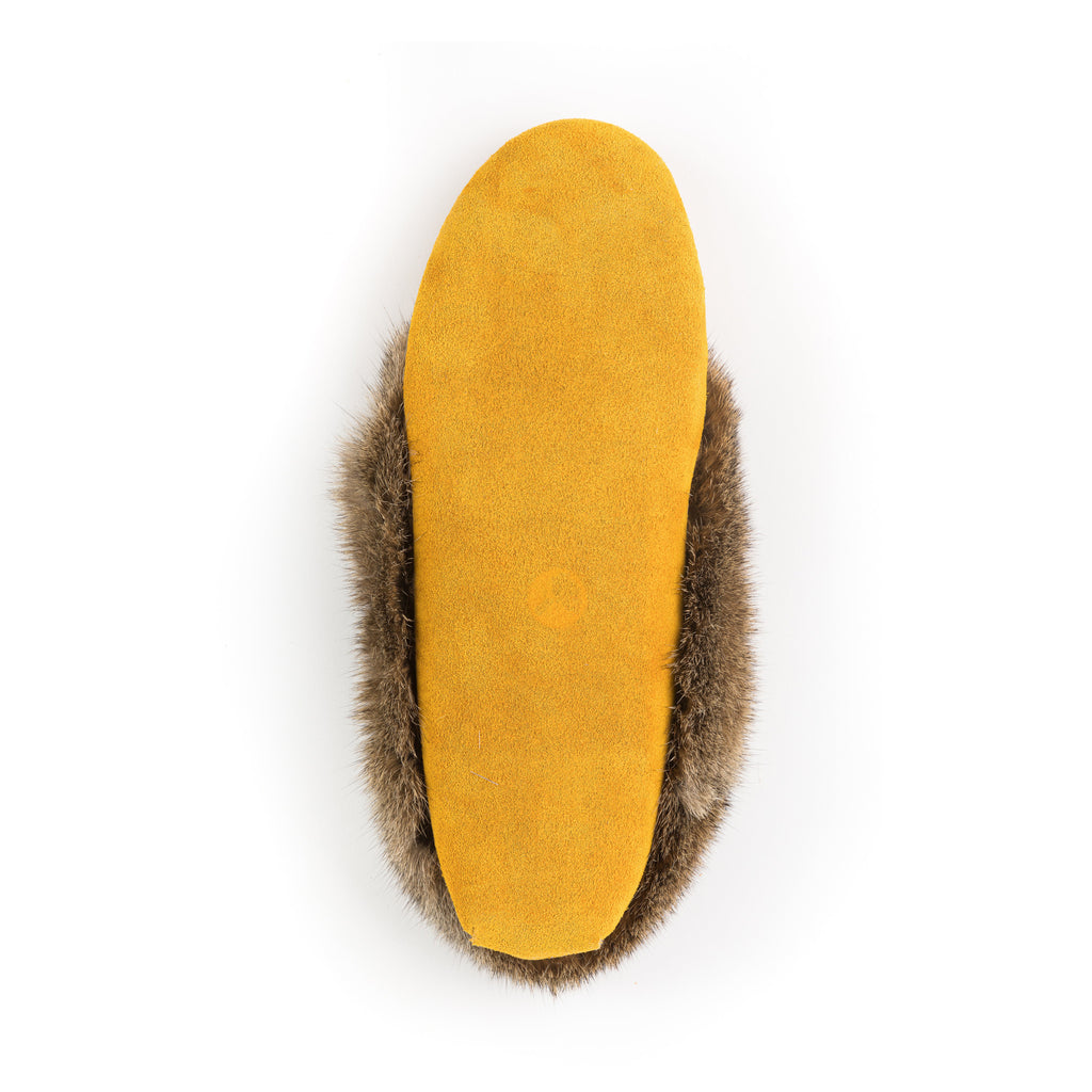 Women's Indian Tan Suede Spirit Moccasins With Brown Rabbit Fur Collar And Suede Sole