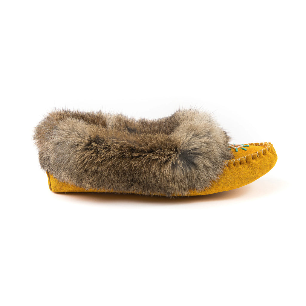 Women's Indian Tan Suede Spirit Moccasins With Brown Rabbit Fur Collar And Suede Sole