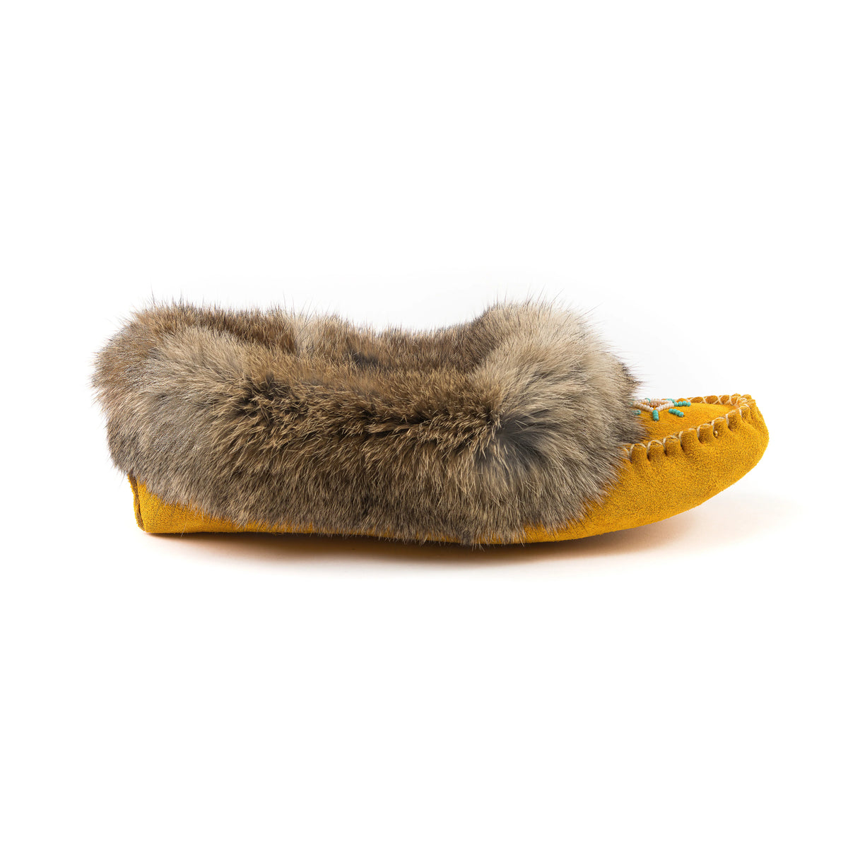 Women's Indian Tan Suede Spirit Moccasins With Brown Rabbit Fur Collar And Suede Sole