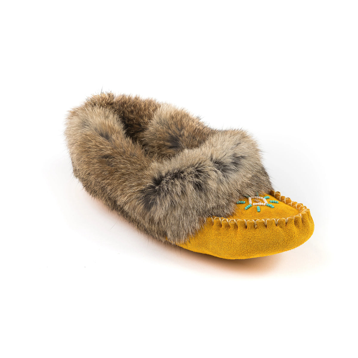 Women's Indian Tan Suede Spirit Moccasins With Brown Rabbit Fur Collar And Suede Sole