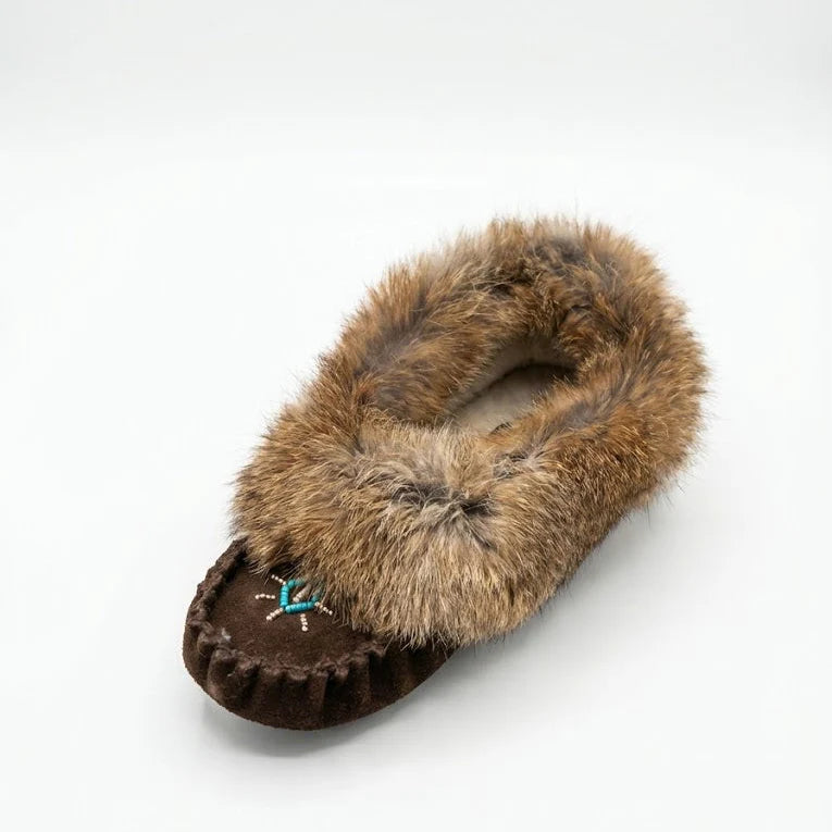 Brown fur slippers with a decorative sole on a white background