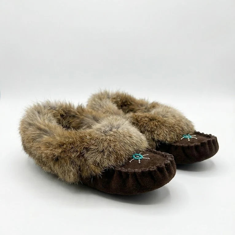 Pair of brown slippers with fur trim on a white background