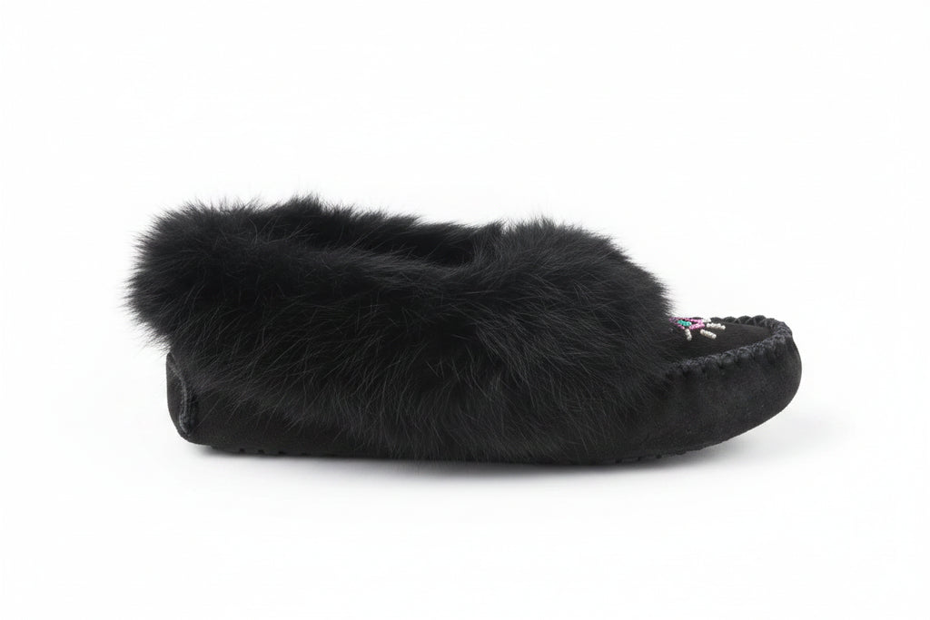 Black fur-lined slipper on a white background