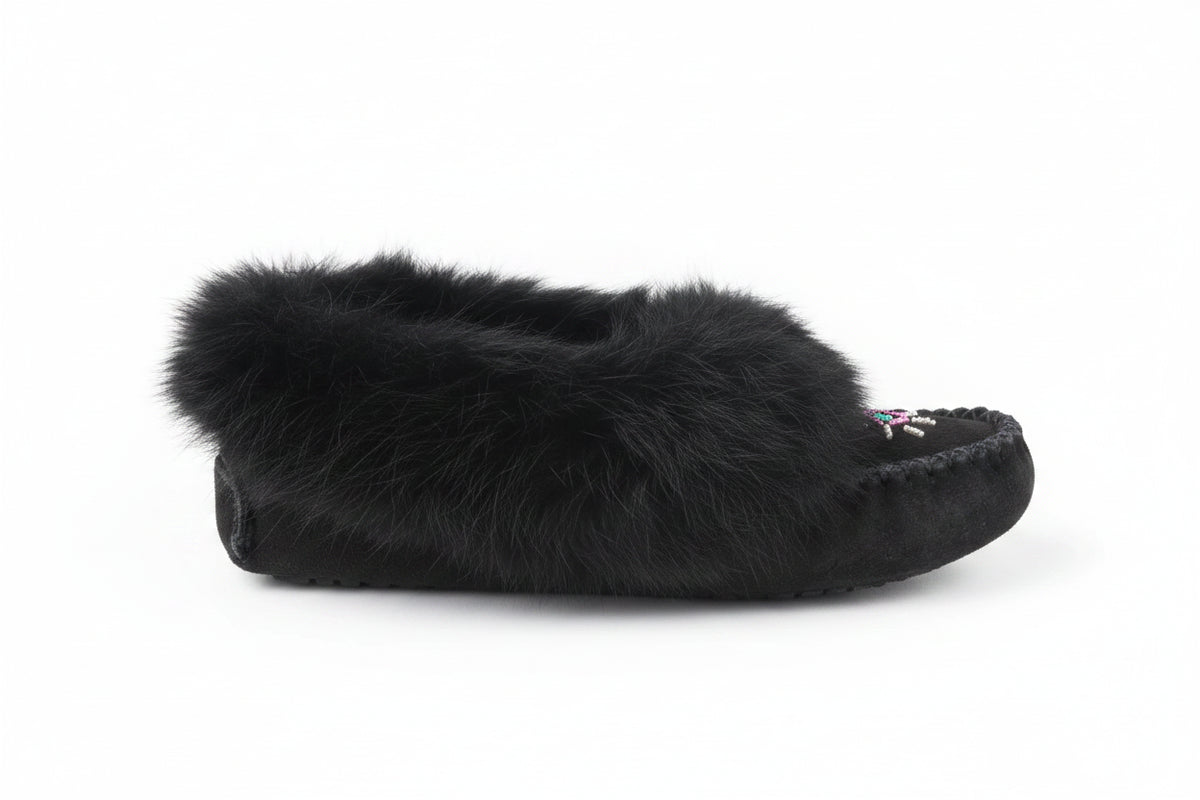 Black fur-lined slipper on a white background