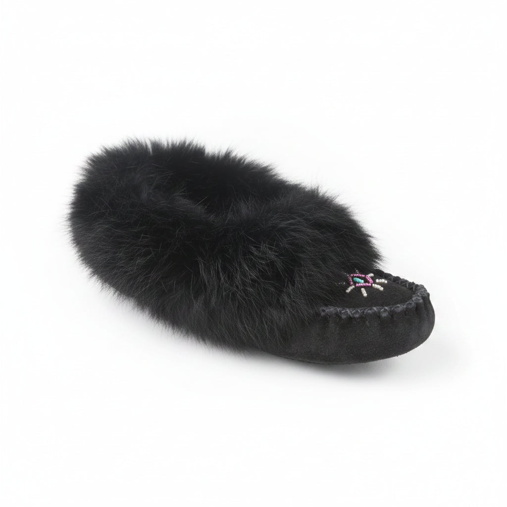 Black fur-lined slipper on a white background