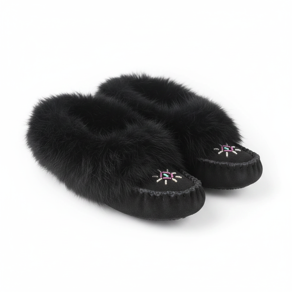 Women's Black Suede Spirit Moccasins With Black Rabbit Fur Collar And Suede Sole