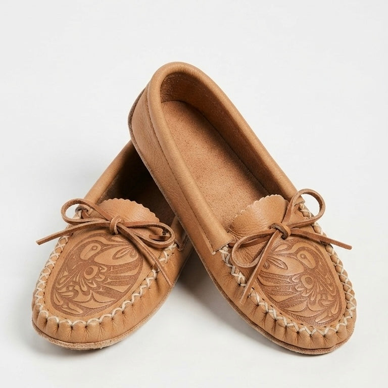 A pair of tan leather moccasin-style loafers with hand-tooled floral detailing and braided trim, photographed on a clean white background.