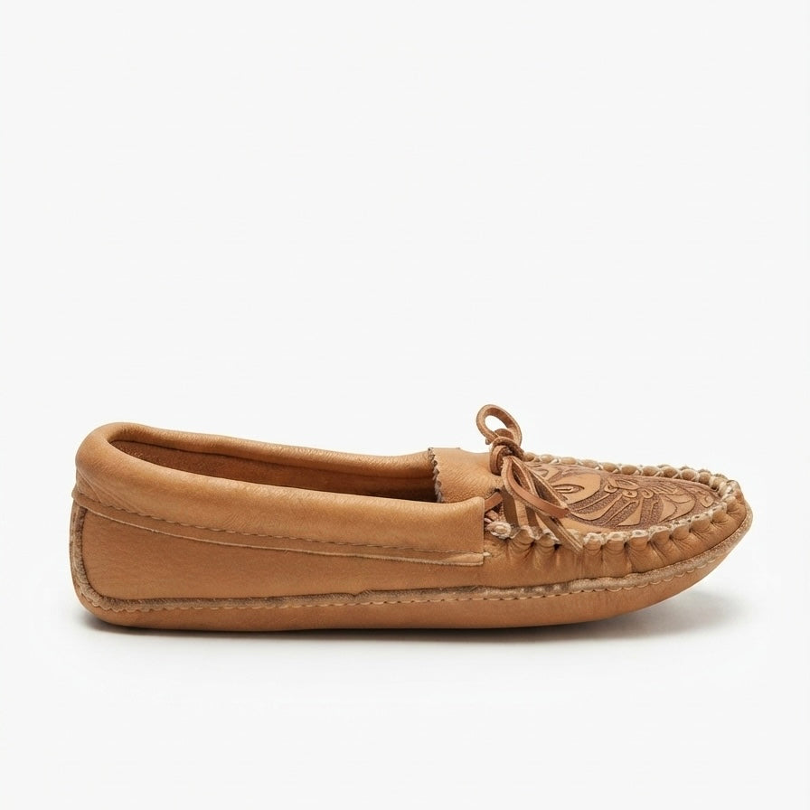 A single tan leather moccasin loafer shown in profile against a clean white background.
