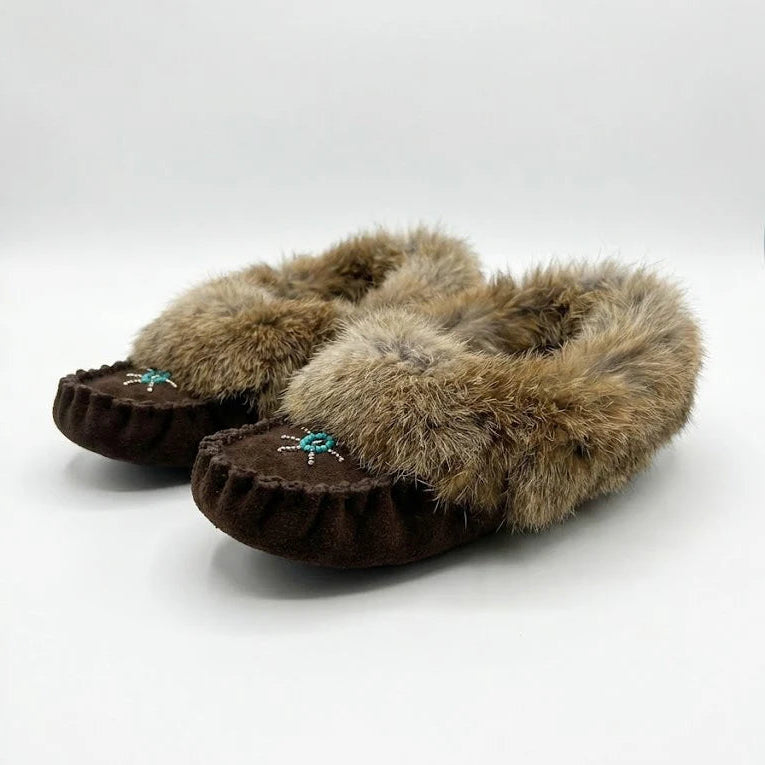 Pair of brown slippers with fur trim on a white background