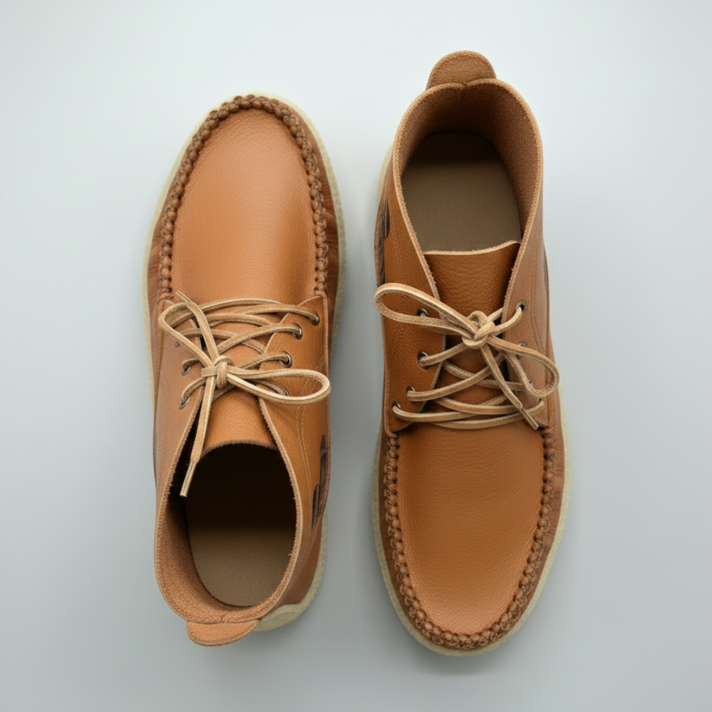 A pair of tan leather moccasin-style mid-height lace-up shoes with cream soles and a black printed graphic on the outer side featuring a football player and the number 42.