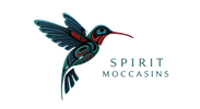 Logo of Spirit Moccasins with a stylized hummingbird design on a white background